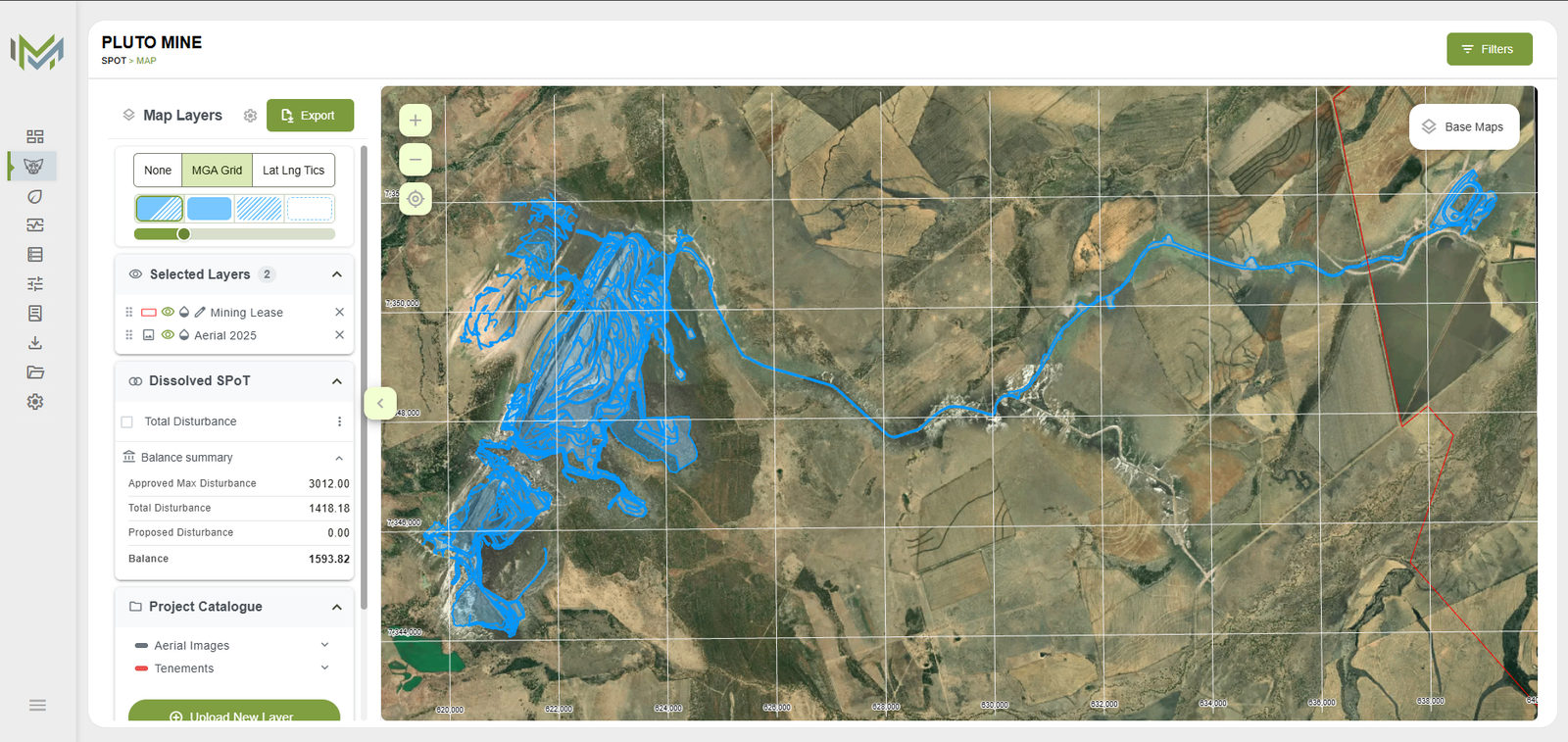MapMyMine SPoT map with aerial imagery and disturbance polygons