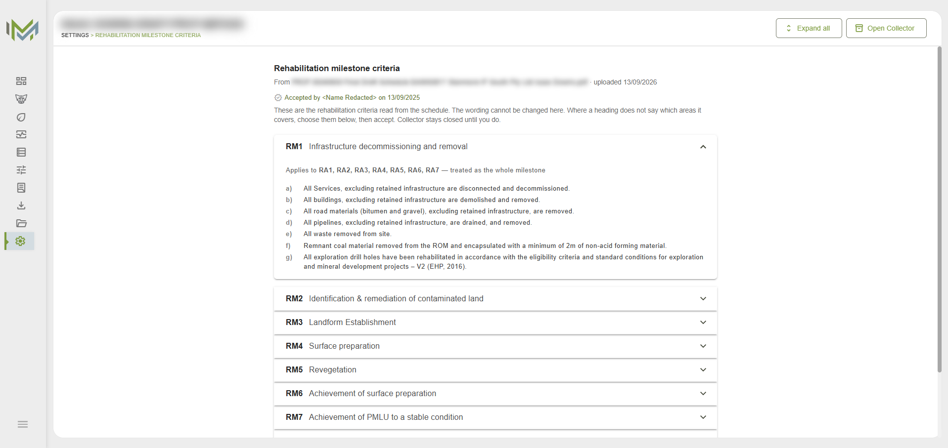 Rehabilitation milestone criteria review screen, with RM1 expanded